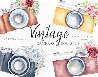 Watercolor Floral Vintage Camera Clipart, Hand Painted Polaroid Retro Photo Camera & Flower Bouquet Boho Clip Art, Digital Logo. C006