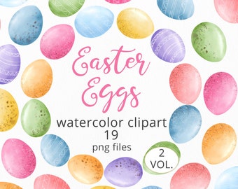 Clipart de ovos de primavera em aquarela, imagens de ovos de Páscoa pintados à mão, clipart de ovos coloridos, arquivos PNG para as festas de primavera, download instantâneo.