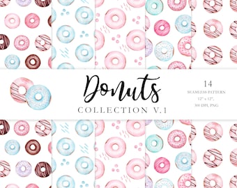 Donut Digital Paper, Watercolor Donuts Paper Pack, Donut Birthday Seamless Pattern, Sweet Donut Png Digital Paper, Instant Download. C008