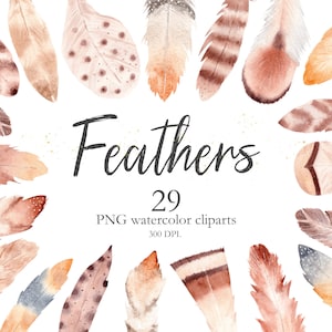 Aquarell Feder Clipart, Handgemaltes Set neutraler Federn, Boho Grafiken für Einladung & Scrapbooking. C003