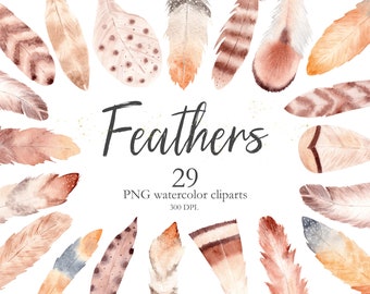Watercolor Feather Clipart, Boho Clip Art Hand Painted Set of Neutral Feathers, Bohemian Graphics for Invitation & Scrapbooking. C003