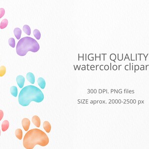 May include: Six watercolor paw prints in different colors: pink, purple, yellow, blue, light pink, and orange.  The paw prints are on a white background.  HIGHT QUALITY watercolor clipart 300 DPI. PNG files SIZE aprox. 2000-2500 px