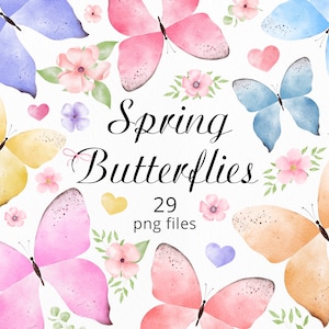 Conjunto de clipart aquarela de borboletas, clipart de primavera com corações, flores e folhas verdes, borboletas png clip art, borboleta digital. C033