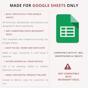 May include: A graphic promoting a Google Sheets template. The image features a green document icon with a white grid, alongside text highlighting features like compatibility with PC, Mac, and mobile devices. The text also states it is not compatible with Microsoft Excel.