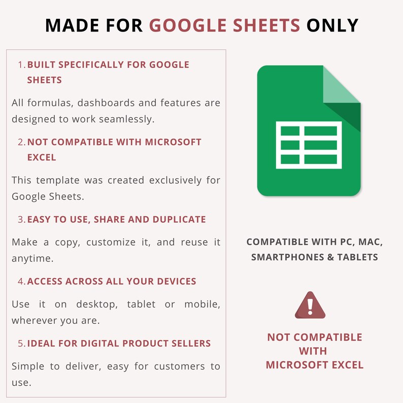May include: A graphic promoting a Google Sheets template. The image features a green document icon with a white grid, alongside text highlighting features like compatibility with PC, Mac, and mobile devices. The text also states it is not compatible with Microsoft Excel.