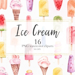 Ice Cream Watercolor Clipart, Popsicles Clip Art, Ice Cream Printable, Summer Clipart, PNG Digital Files, Instant Download. C010