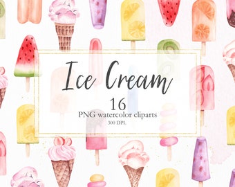 Ice Cream Watercolor Clipart, Popsicles Clip Art, Ice Cream Printable, Summer Clipart, PNG Digital Files, Instant Download. C010