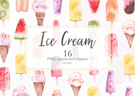 Ice Cream Watercolor Clipart, Popsicles Clip Art, Ice Cream Printable, Summer Clipart, PNG Digital Files, Instant Download. C010