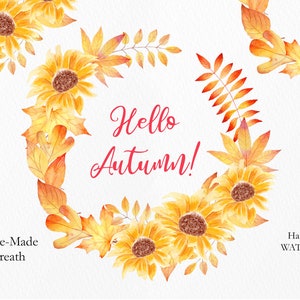 Hallo Herbst Aquarell Kranz, Herbstkranz Aquarell Clipart, Herbstlaub, Sonnenblumenkranz, Clip Art, Herbst PNG, Sofort Download. CA010