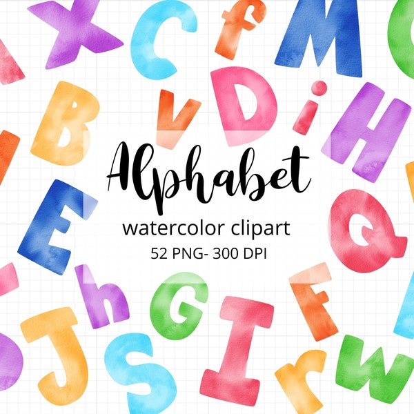 Watercolor Aphabet Clipart, Watercolor Letters, Hand Drawn Aphabet Stickers, Elementary School Clipart PNG, Kids Clipart, Cute Letters.