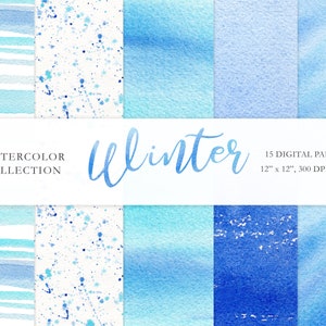 Watercolor Winter Digital Paper, Christmas Digital Paper Pack, Holiday Blue Textures, Winter Decorative Background, Digital Download. C041