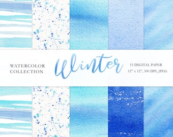 Watercolor Winter Digital Paper, Christmas Digital Paper Pack, Holiday Blue Textures, Winter Decorative Background, Digital Download. C041