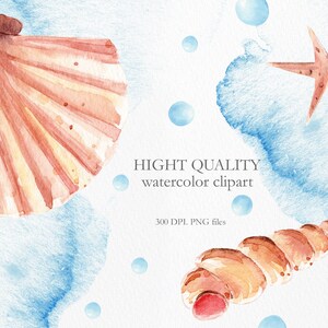 May include: Watercolor clipart featuring a seashell, a starfish, and a spiral seashell. The background is a light blue watercolor wash with white bubbles.