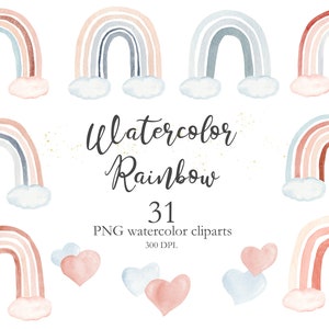 Watercolor Neutral Rainbow Clipart Hand Painted in Trendy Colors. Baby Shower, Birthday Party, Nursery Art Graphics. Digital Png Files. С001 image 1