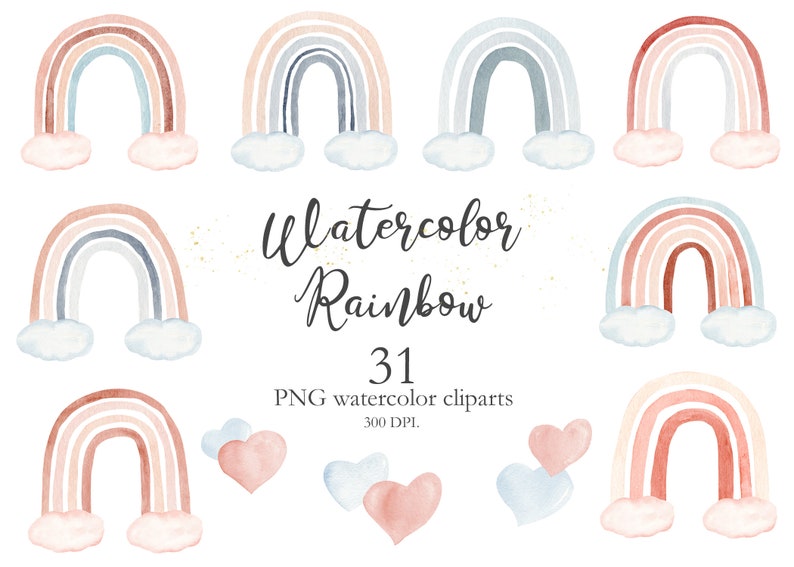 Watercolor Neutral Rainbow Clipart Hand Painted in Trendy Colors. Baby Shower, Birthday Party, Nursery Art Graphics. Digital Png Files. С001 image 1