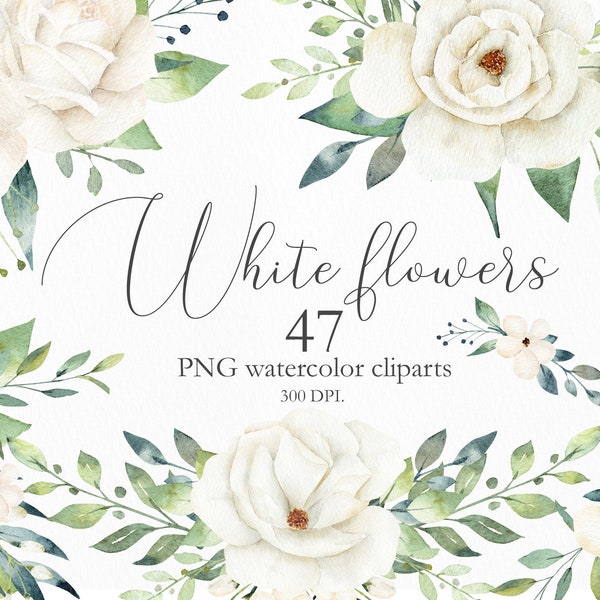 Watercolor White Flowers and Greenery Leaves, Wedding Invitation Clip Art, 47 Clipart Floral Elements, Botanical PNG Illustration, C013