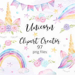 Creador de imágenes prediseñadas de unicornio de acuarela, 97 unicornio png clip art, clipart de baby shower de cumpleaños de unicornio, pestañas orejas cuerno arco iris. C035