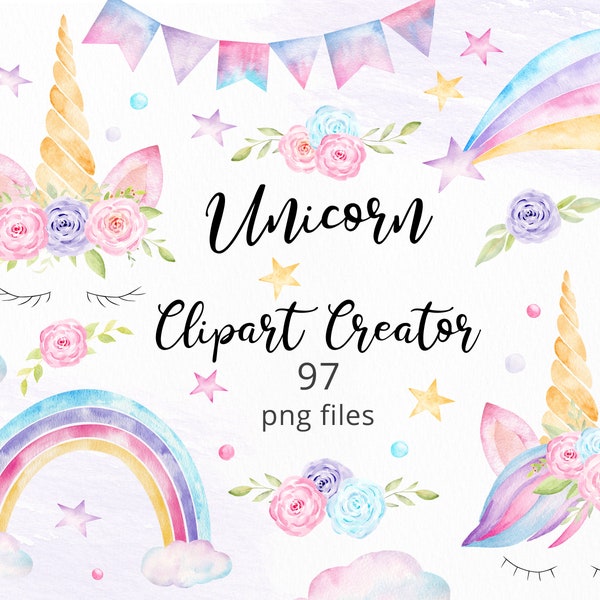 Watercolor Unicorn Clipart Creator, 97 Unicorn Png Clip Art, Unicorn Bundle Birthday Baby Shower Clipart, Eyelashes Ears Horn Rainbow. C035