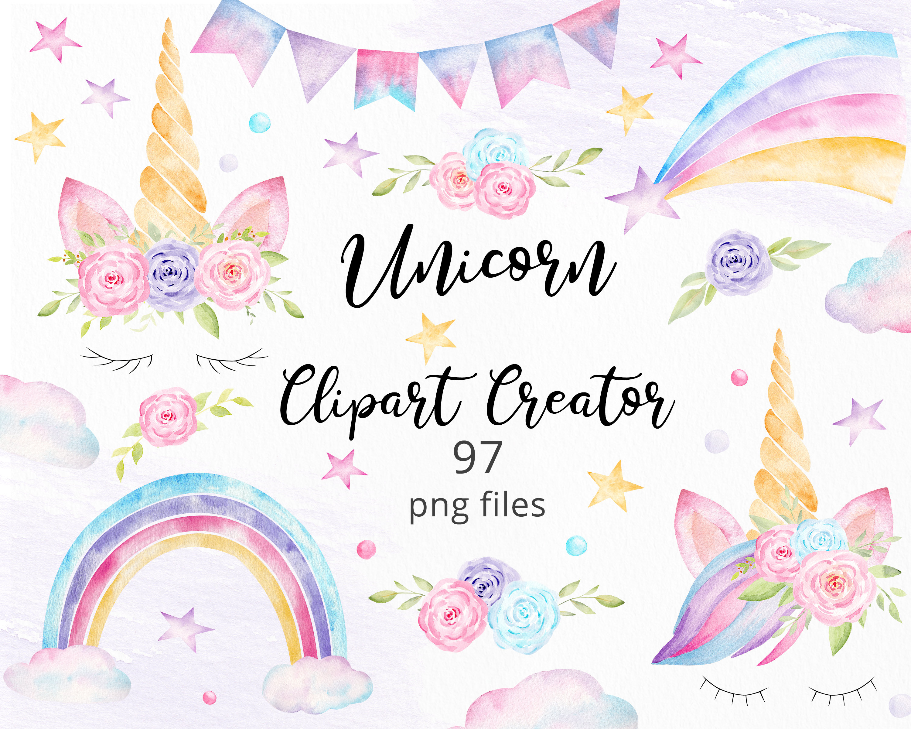 Watercolor Unicorn Clipart Creator, 97 Unicorn Png Clip Art, Unicorn Bundle Birthday Baby Shower Clipart, Eyelashes Ears Horn Rainbow. C035