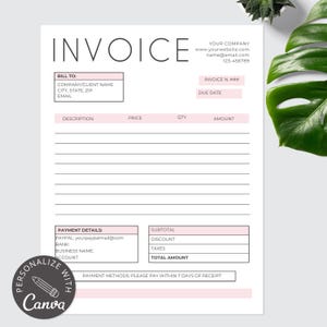 May include: A printable invoice template with a pink and white color scheme. The template includes sections for billing information, description, price, quantity, amount, payment details, subtotal, discount, taxes, and total amount. The template also includes a section for payment methods and a note to pay within 7 days of receipt.