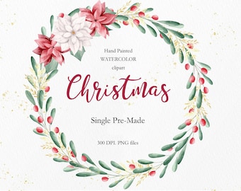 May include: Watercolor Christmas wreath clipart with red and white poinsettia flowers, green leaves, red berries, and gold accents. Hand Painted Watercolor clipart Christmas. Single Pre-Made. 300 DPI PNG files.