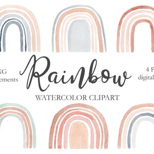 Conjunto de clipart de arco-íris neutro em aquarela e papel digital, gráficos Boho pintados à mão para chá de bebê, arte de parede de berçário, festa de aniversário. C001
