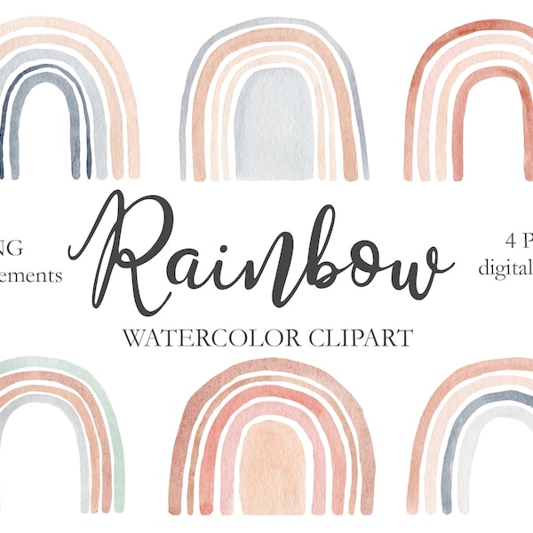 Watercolor Neutral Rainbow Clipart & Digital Paper Set, Hand Painted Boho Graphics for Baby Shower, Nursery Wall Art, Birthday Party. C001