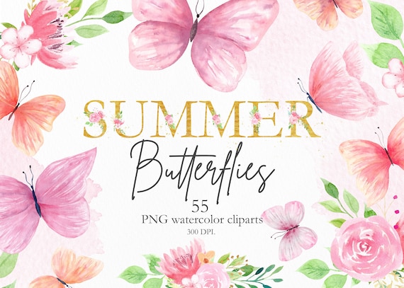 Watercolor Summer Butterfly Clipart 55 Separate Png Element Etsy