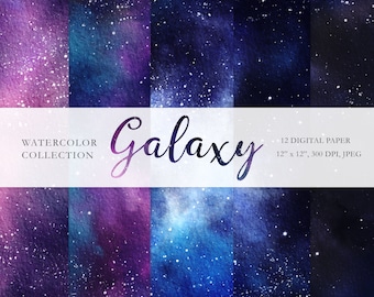 Galaxy Digital Paper, Watercolor Galaxy Wallpaper, Celestial Watercolor Skies, 12 JPEG Starry Night Digital Paper Pack,Instant Download.C037