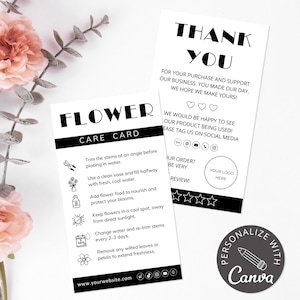 Bewerkbare bloemverzorgingskaart | Canvasjabloon voor bloemist, bedankt, plant verse bloemen, afdrukbaar bijsluiter met onderhoudsinstructies voor bloemen
