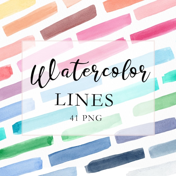 Set di clipart di linee acquerellate, pennellate colorate in formato PNG, loghi e banner dipinti a mano in acquerello, file digitali, download immediato.C028