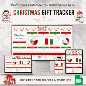 Puede incluir: Un rastreador digital de regalos de Navidad que se muestra en una computadora portátil, una computadora de escritorio, una tableta y un teléfono. El rastreador presenta un diseño de hoja de cálculo con acentos rojos y verdes, gráficos circulares y el texto "Christmas Gift Tracker".