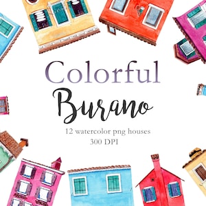 Casas de acuarela clipart, linda ilustración burano, coloridas imágenes prediseñadas de italia, casas png digitales