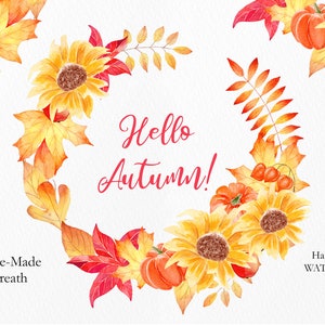 Clipart acquerello ghirlanda autunnale, ghirlanda di girasoli con foglie autunnali, clipart di Hello Autumn, PNG autunnale, download immediato clipart del Ringraziamento. CA010