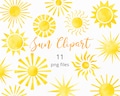 Watercolor Sun Clipart Set, Sun PNG Watercolor Clipart, Sun Sticker Clip Art, Sun Logo Graphics, Digital Download Summer Clipart. C040