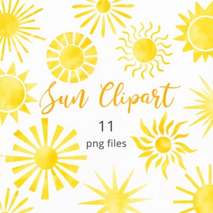 Aquarell Sonne Clipart Set, Sonne PNG Aquarell Clipart, Sonne Sticker Clip Art, Sonne Logo Grafik, Digitaler Download Sommer Clipart. C040