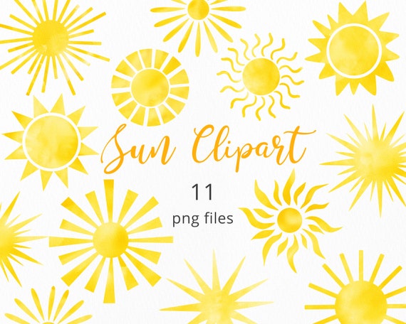 Watercolor Sun Clipart Set, Sun PNG Watercolor Clipart, Sun Sticker Clip Art, Sun Logo Graphics, Digital Download Summer Clipart. C040