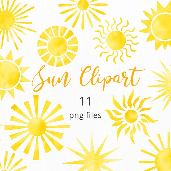 Watercolor Sun Clipart Set, Sun PNG Watercolor Clipart, Sun Sticker Clip Art, Sun Logo Graphics, Digital Download Summer Clipart. C040
