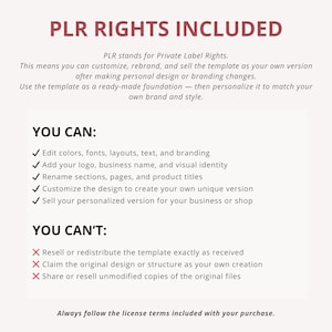 May include: A white document with the text "PLR RIGHTS INCLUDED" in maroon. The document explains private label rights, detailing what users can and cannot do with the template, including editing, rebranding, and selling personalized versions.