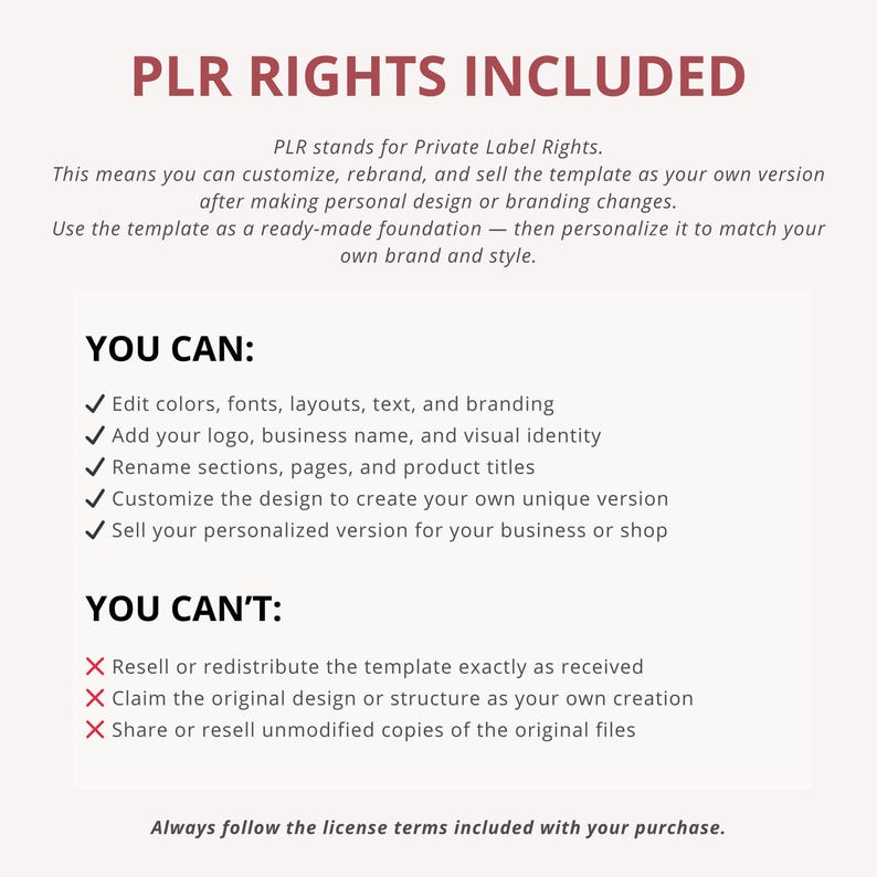 May include: A white document with the text "PLR RIGHTS INCLUDED" in maroon. The document explains private label rights, detailing what users can and cannot do with the template, including editing, rebranding, and selling personalized versions.