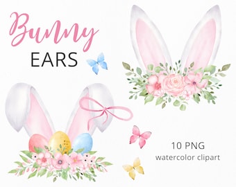 May include: Watercolor clipart set of bunny ears with pink and white fur, decorated with flowers and Easter eggs. The set includes 10 PNG files.