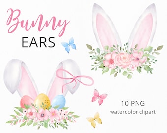 Bunny Ears Watercolor Clipart, Floral Easter Clip Art, Spring PNG Clipart, Butterfly PNG, Cute Bunny Ears Clip Art, Digital Download. CO34