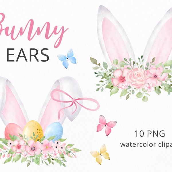 Bunny Ears Watercolor Clipart, Floral Easter Clip Art, Spring PNG Clipart, Butterfly PNG, Cute Bunny Ears Clip Art, Digital Download. CO34
