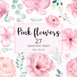 Watercolor Pink Flowers and Greenery Leaves, Wedding Invitation Clip Art, 27 Clipart Floral Elements, Botanical PNG Illustration.