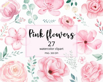 Watercolor Pink Flowers and Greenery Leaves, Wedding Invitation Clip Art, 27 Clipart Floral Elements, Botanical PNG Illustration.