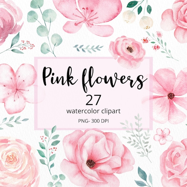Watercolor Pink Flowers and Greenery Leaves, Wedding Invitation Clip Art, 27 Clipart Floral Elements, Botanical PNG Illustration.