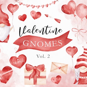 Valentines Day Gnome Watercolor Clipart, Cute Love Clipart, Hearts Clipart, Valentine Cards Graphics, Red Gnome Png, Digital Download. C025