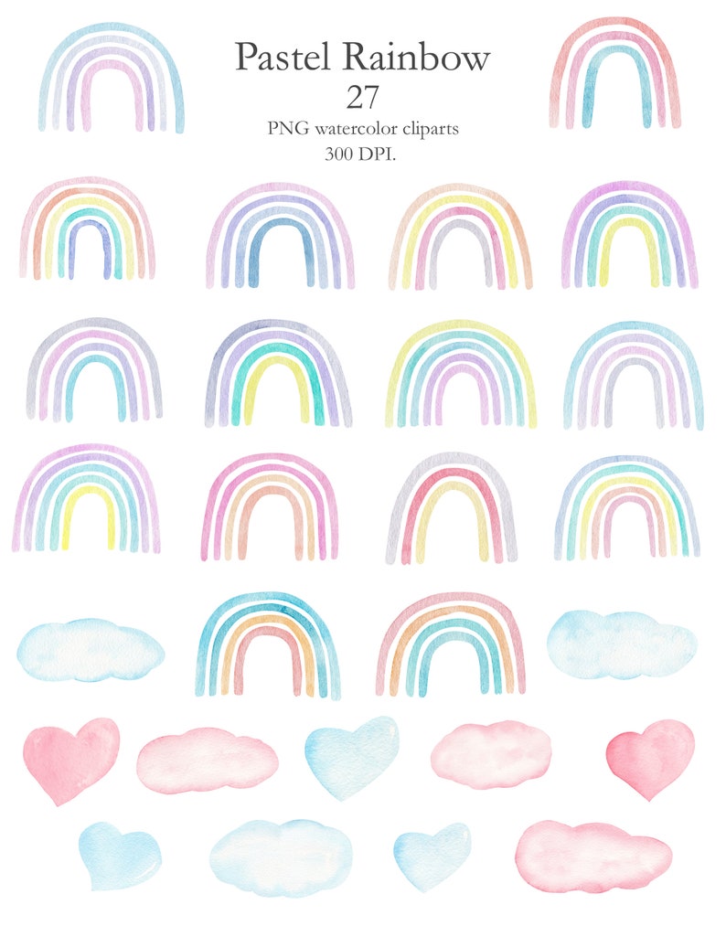Watercolor Pastel Rainbow Clipart Hand Painted in Trendy Colors. Baby Shower, Birthday Party, Nursery Art Graphics. Digital Png Files. C002 image 2