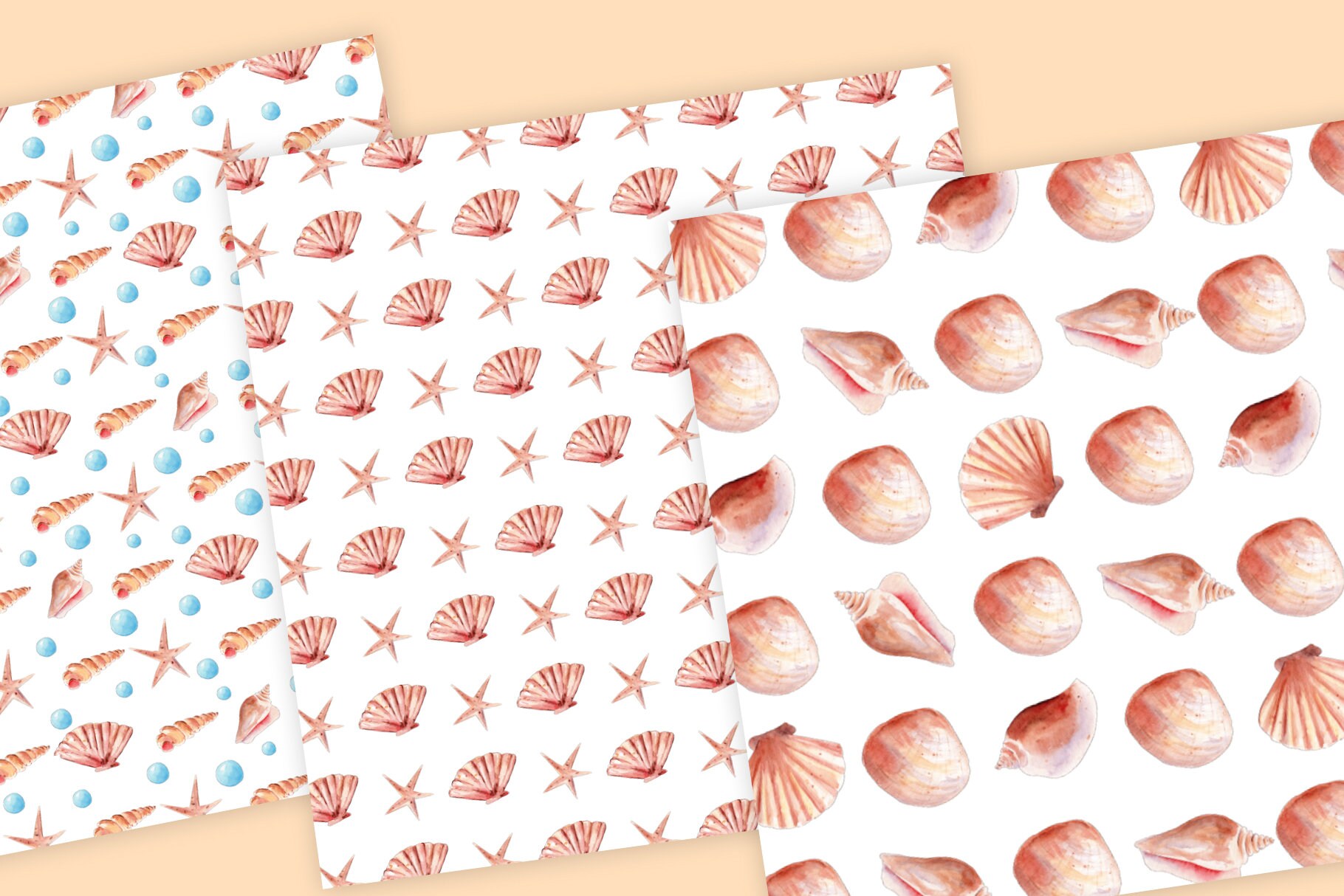 Seashell Digital Paper Pack Watercolor Shells Patterns - Etsy