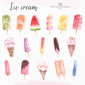 May include: A set of 16 watercolor illustrations of various ice cream treats, including popsicles, ice cream cones, and ice cream sandwiches. The illustrations are in a variety of colors and feature different flavors and toppings.